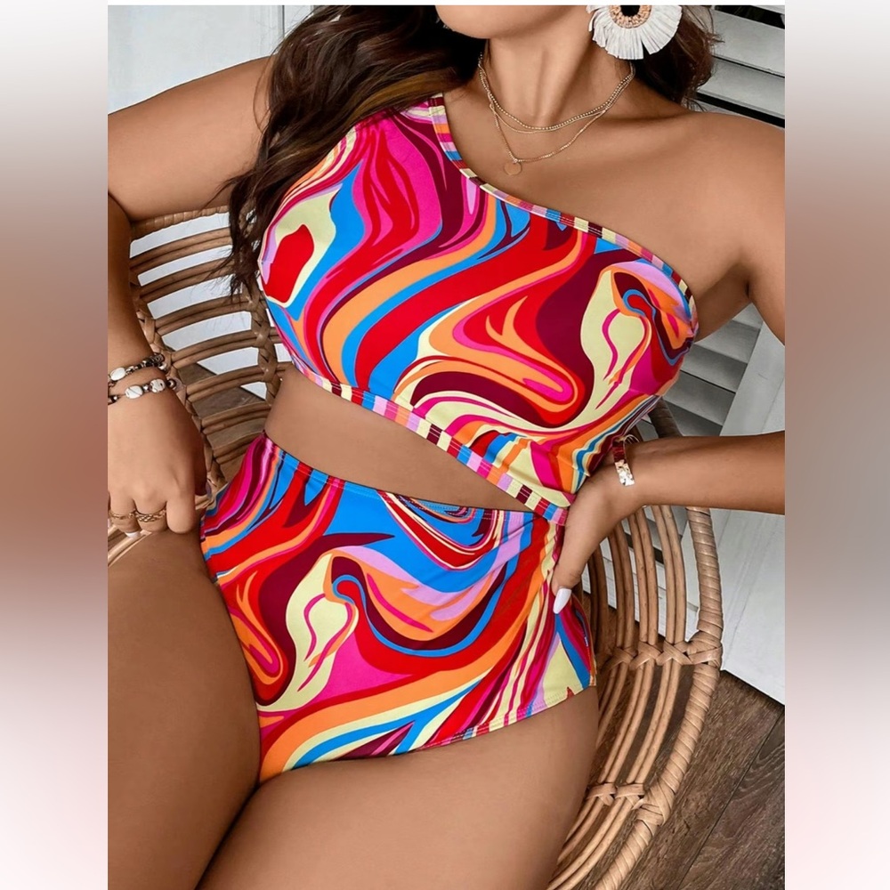 Colorful red-multi mokini one piece swimsuit. One shoulder design size 1XL